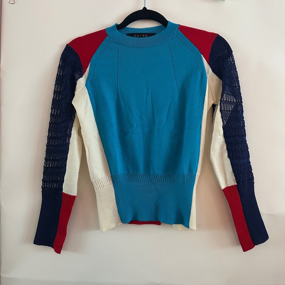 Shiro Sakai Japan Colorblock Wool Sweater Mesh Lace Sleeve Blue Red Small